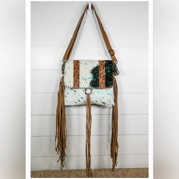 Cross Body Country Western Fringe Blue NFR Tooled Leather Bag Purse cowgirl - Picture 1 of 9